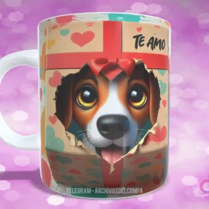 Taza con diseño de perrito Beagle feliz asomándose de caja de regalo con lazo rojo y 'TE AMO'