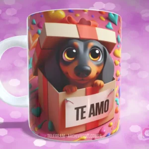Taza sublimada con perrito Dachshund de ojos grandes en caja de regalo con corazones y 'TE AMO'