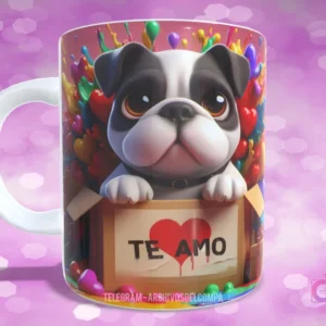 Taza con diseño de perrito French Bulldog blanco y negro con corazones de colores y 'TE AMO'