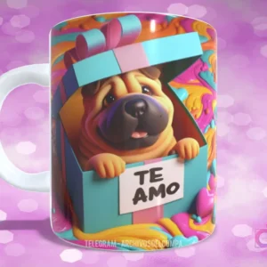 Taza sublimada con perrito Shar Pei sonriente en caja de regalo con lazo azul y 'TE AMO'