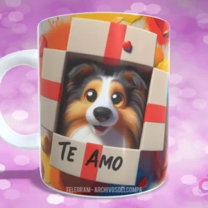 Taza con diseño de perrito Collie/Sheltie en caja de regalo con lazo rojo y 'TE AMO'
