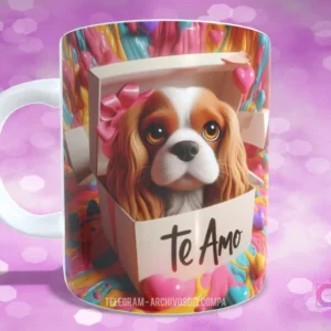 Taza sublimada con perrito Cavalier King Charles Spaniel con lazo rosa en caja de regalo y 'TE AMO'