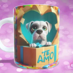 Taza con diseño de perrito Boxer blanco y negro en caja de regalo con corazones y 'TE AMO'