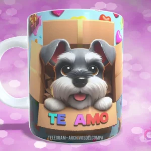 Taza sublimada con perrito Schnauzer juguetón en caja de regalo con corazones de colores y 'TE AMO'