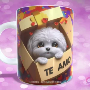 Taza con diseño de perrito Maltés o Havanese blanco con ojos grandes en caja de regalo y 'TE AMO'