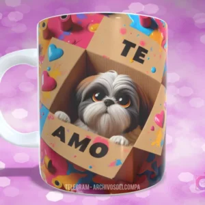 Taza sublimada con perrito Shih Tzu blanco y negro con ojos tiernos asomándose de caja de regalo con 'TE AMO'