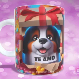 Taza con diseño de perrito Bernese Mountain Dog/St. Bernard en caja de regalo con lazo rojo y 'TE AMO'