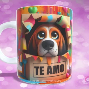 Taza sublimada con perrito Basset Hound de ojos grandes en caja de regalo con lazo azul y 'TE AMO'