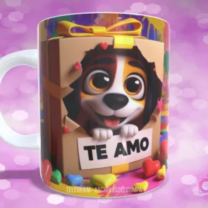 Taza con diseño de perrito Beagle sonriente en caja de regalo con lazo amarillo y 'TE AMO'
