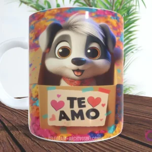 Taza con diseño de perrito blanco y negro con pañuelo en el cuello en caja de regalo y 'TE AMO'
