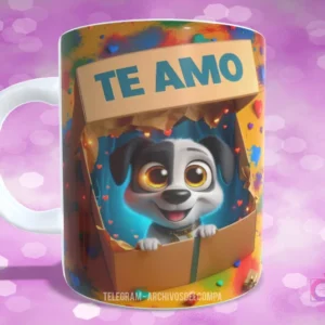 Taza con diseño de perrito blanco y negro con ojos grandes y sonrisa, en caja de regalo con 'TE AMO'