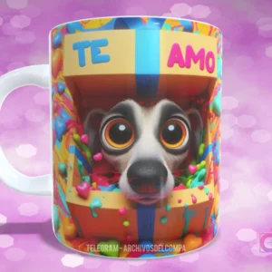 Taza sublimada con perrito blanco y negro de ojos saltones en caja de regalo rasgada con 'TE AMO'