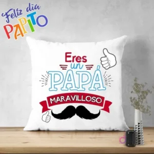 Cojín sublimado con diseño 'Eres un Papá Maravilloso', adornado con un gran bigote y pulgares hacia arriba, un diseño clásico y masculino para el Día del Padre.