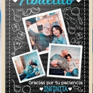 Plantilla editable PPT Día del Padre estilo pizarra con mensaje 'Abuelito' y fotos de abuelo con nietos, resaltando la paciencia y el amor.