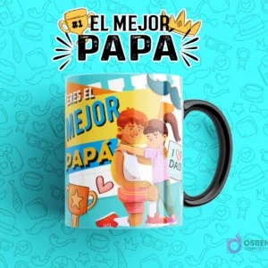 Plantilla de taza para sublimación del Día del Padre con la frase 'Eres El Mejor Papá', ilustrando a un padre arrodillado recibiendo un abrazo de su hija, sobre una taza azul y amarillo con fondo celeste.