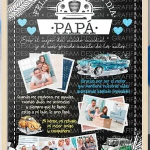 Plantilla editable PPT Día del Padre estilo pizarra con temática de autos clásicos, mensaje 'Felicidades en tu día Papá' y fotos familiares, ideal para padres amantes de los coches.