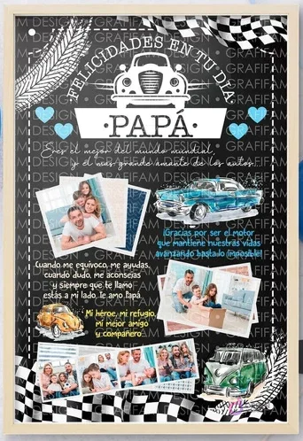 Plantilla editable PPT Día del Padre estilo pizarra con temática de autos clásicos, mensaje 'Felicidades en tu día Papá' y fotos familiares, ideal para padres amantes de los coches. Plantilla editable PPT Día del Padre estilo pizarra con temática de autos clásicos, mensaje 'Felicidades en tu día Papá' y fotos familiares, ideal para padres amantes de los coches.