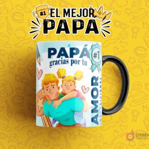 Diseño de taza sublimable para el Día del Padre con mensaje 'Papá Gracias Por Tu Amor Incondicional', representando a un padre cargando a su hija, en una taza azul y amarilla sobre fondo amarillo.
