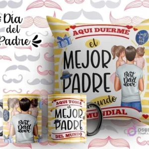 Plantilla sublimación cojín y tazas Día del Padre con ilustración de padre y dos hijas, frases 'Aquí duerme el mejor padre del mundo' / 'Aquí toma el mejor padre del mundo', fondo amarillo a rayas.