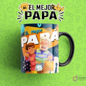 Diseño digital para taza del Día del Padre con texto 'El Mejor Papá', mostrando a un padre y un hijo feliz con bolsas de compra, en una taza sobre un fondo verde con patrones.