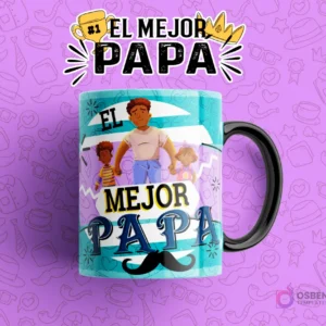 Diseño digital para sublimar taza del Día del Padre con la frase 'El Mejor Papá' y un ícono de bigote, ilustrando a un padre junto a sus dos hijos, en una taza celeste y blanca con fondo lila.