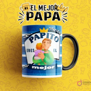 Plantilla de sublimación para tazas del Día del Padre con diseño 'Papito Eres El Mejor', ilustrando a un padre amoroso sosteniendo a su bebé en una taza azul con rayas y fondo amarillo.