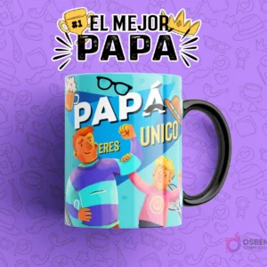Plantilla para taza del Día del Padre 'Papá Eres Único', mostrando a un padre y un hijo musculosos haciendo poses, en una taza azul y morada con fondo lila.