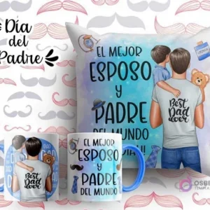 Plantilla sublimación cojín y tazas Día del Padre con ilustración de padre y dos hijos, frase 'El mejor esposo y padre del mundo', fondo azul acuarela y bigotes.