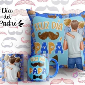 Plantilla sublimación cojín y tazas Día del Padre con ilustración de padre y dos hijos, frase 'Feliz Día Papá' con bigote decorativo, fondo azul oscuro con detalles de café.