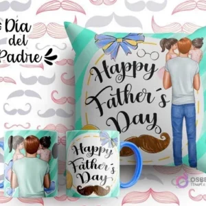 Plantilla sublimación cojín y tazas Día del Padre con ilustración de padre con hija y hijo, texto 'Happy Father's Day' y bigote, fondo verde claro con líneas y moño.