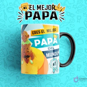 Diseño de sublimación para taza del Día del Padre con frase 'Eres El Mejor Papá Del Mundo', mostrando a un padre llevando a su hijo sobre los hombros, en una taza con gradiente azul sobre fondo celeste.