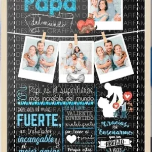 Plantilla editable PPT Día del Padre estilo pizarra con el mensaje 'El mejor Papá del mundo' y múltiples fotos familiares, con frases de cariño y gratitud.
