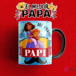 Plantilla de taza para el Día del Padre con el texto 'Eres Mi Héroe Papi' y un ícono de bigote, mostrando a un padre llevando a su hija sobre los hombros, en una taza amarilla y azul con fondo rojo.
