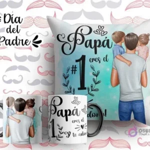 Plantilla sublimación cojín y tazas Día del Padre con ilustración de padre con hija y hijo, frase 'Papá eres el #1', fondo azul degradado con laurel.