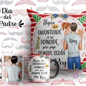 Plantilla sublimación cojín y tazas Día del Padre con ilustración de padre con hija y osito, frase 'Algún día encontraré a mi príncipe, pero papi siempre serás mi Rey', fondo a cuadros rojos y blancos.