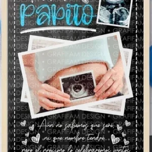 Plantilla editable PPT Día del Padre estilo pizarra con mensaje 'Feliz Día Papito' y fotos de ecografía, ideal para padres primerizos o futuros papás.