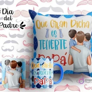 Plantilla sublimación cojín y tazas Día del Padre con ilustración de padre y dos hijos, frase 'Que Gran Dicha es TENERTE PAPÁ', fondo azul con patrón de rombos.