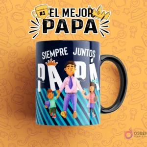 Diseño de sublimación para taza del Día del Padre con la frase 'Siempre Juntos Papá', ilustrando a un padre con dos hijos tomados de la mano, en una taza azul oscura con fondo naranja.