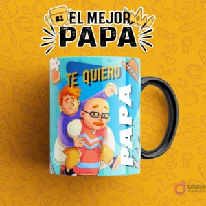 Plantilla para sublimar taza del Día del Padre con diseño 'Te Quiero Papá', ilustrando a un hijo adulto siendo cargado por su padre, en una taza con detalles azules y naranjas sobre fondo amarillo.