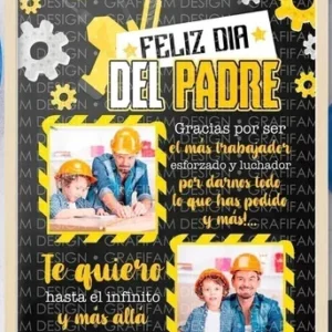Plantilla editable PPT Día del Padre estilo pizarra con temática de construcción, mensaje 'Feliz Día del Padre' y foto de padre e hijo con cascos, reconociendo al padre trabajador.