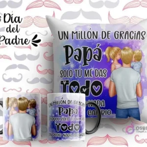 Plantilla sublimación cojín y tazas Día del Padre con ilustración de padre con hija y hijo, frase 'Un millón de gracias Papá, solo tú me das TODO', fondo morado acuarela.