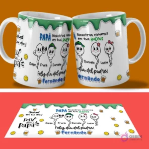 Par de tazas sublimadas con diseño de espermatozoides 'PAPA Nosotros vivíamos en tus HUEVOS' con nombres Diego, Frank, Daniela, Lucia y 'Feliz día del padre! Fernando', más la plantilla PSD plana con fondo naranja y rojo.