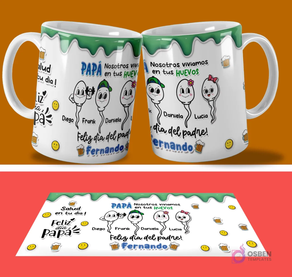 Par de tazas sublimadas con diseño de espermatozoides 'PAPA Nosotros vivíamos en tus HUEVOS' con nombres Diego, Frank, Daniela, Lucia y 'Feliz día del padre! Fernando', más la plantilla PSD plana con fondo naranja y rojo. Par de tazas sublimadas con diseño de espermatozoides 'PAPA Nosotros vivíamos en tus HUEVOS' con nombres Diego, Frank, Daniela, Lucia y 'Feliz día del padre! Fernando', más la plantilla PSD plana con fondo naranja y rojo.