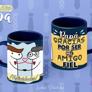 Plantilla Flork para sublimar taza del Día del Padre: Dos Florks entrelazando manos con corazón y texto 'Papá gracias por ser mi amigo fiel'. Tazas con asa azul oscuro.