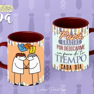 Plantilla Flork para sublimar taza del Día del Padre: Dos Florks con números 1, 2, 3 y mensaje 'Gracias por dedicarme un poco de tu tiempo cada día'. Tazas con asa burdeos.