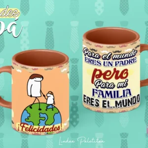 Plantilla Flork para sublimar taza del Día del Padre: Flork y su hijo sobre el planeta Tierra, y mensaje 'Para el mundo eres un padre, pero para mi familia eres el mundo'. Tazas con asa marrón.