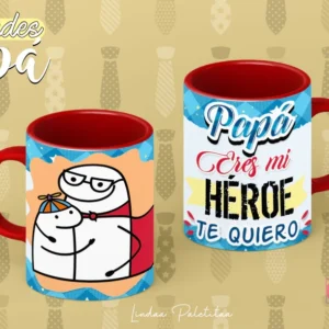 Plantilla Flork para sublimar taza del Día del Padre: Flork superhéroe abrazando a un Flork niño, y la frase 'Papá eres mi héroe, te quiero'. Tazas con asa roja.