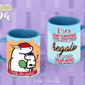 Plantilla Flork para sublimar taza del Día del Padre: Flork abrazando a un Flork niño con globo, y frase 'Eres tan grande que cualquier regalo te queda pequeño'. Tazas con asa azul.