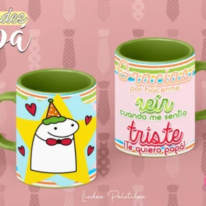 Plantilla Flork para sublimar taza del Día del Padre: Flork con gorro de fiesta y corazones, y frase 'Gracias por hacerme reír cuando me sentía triste'. Tazas con asa verde.