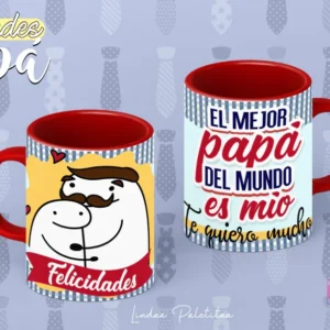 Plantilla Flork para sublimar taza del Día del Padre: Flork abrazando a su papá, con la frase 'El mejor papá del mundo es mío, te quiero mucho'. Tazas con asa roja.